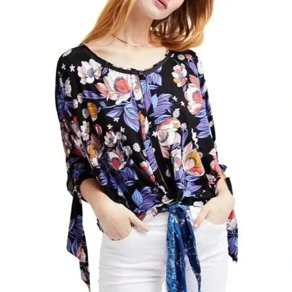 Free People Keepin On Top shirt sz SMALL Floral Cropped Tie front Sleeves - Picture 1 of 7